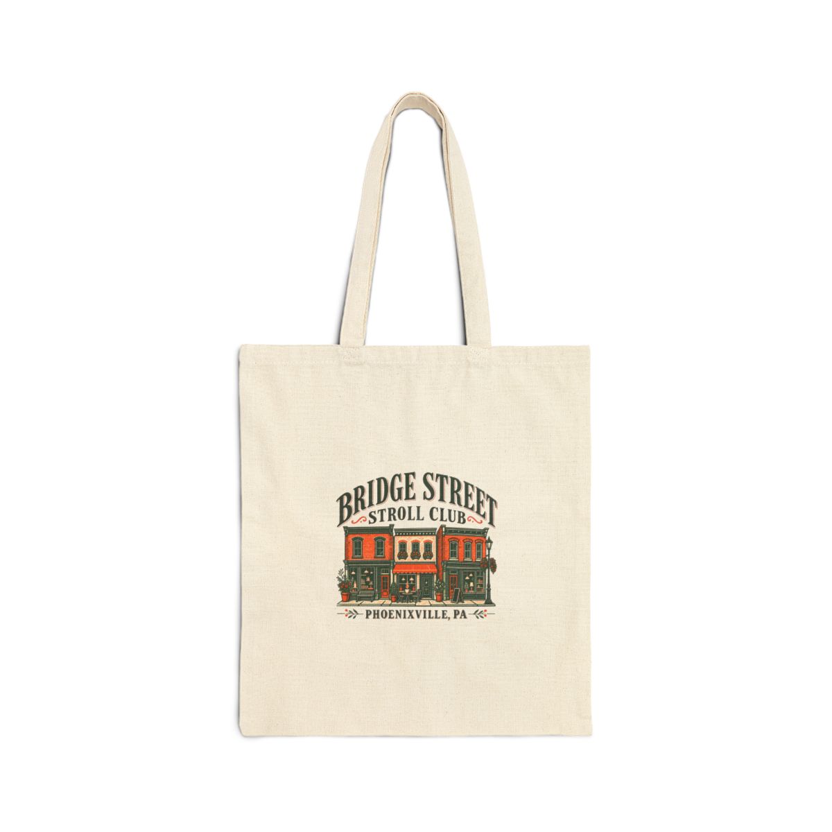 Bridge Street Stroll Club natural canvas tote — product mockup