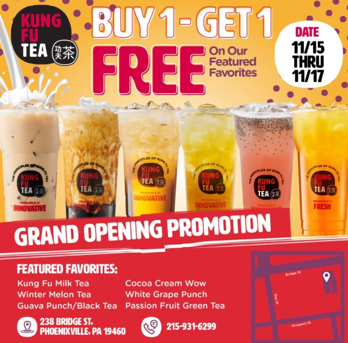 New Business Alert: Kung Fu Tea Opens on Bridge Street with Grand Opening Event!